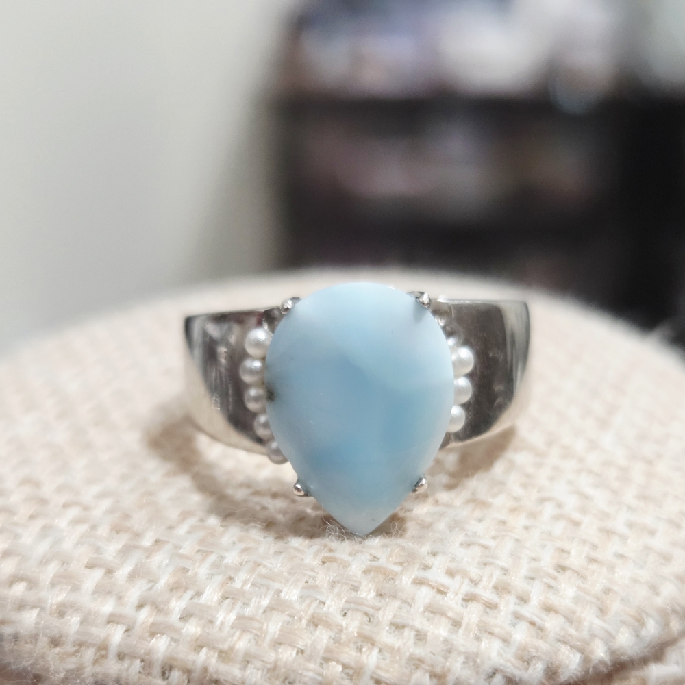 Elegant Silver and Blue Larimar Teardrop Ring